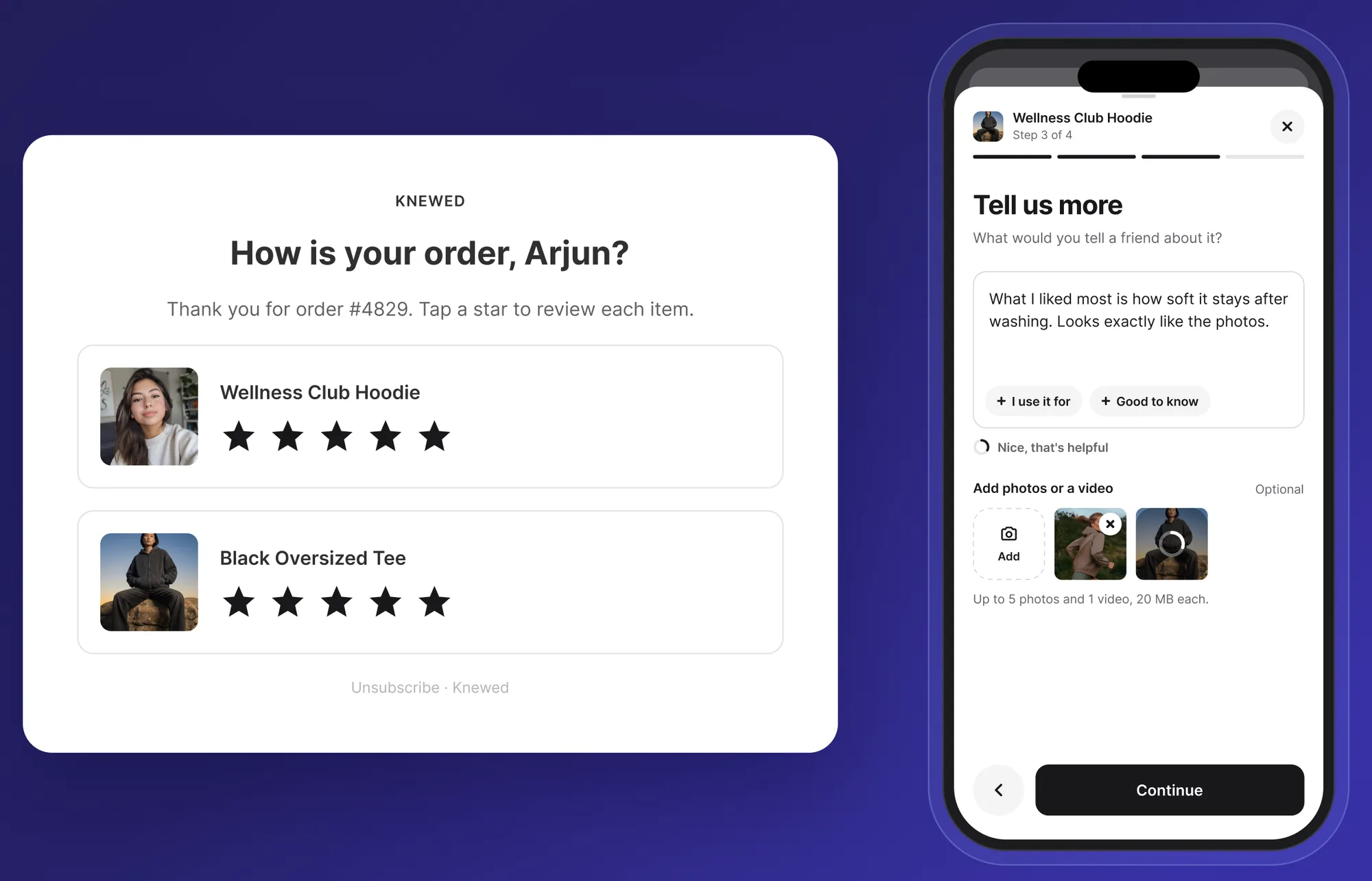 Review request email listing two items with stars, next to the mobile review form with photo upload