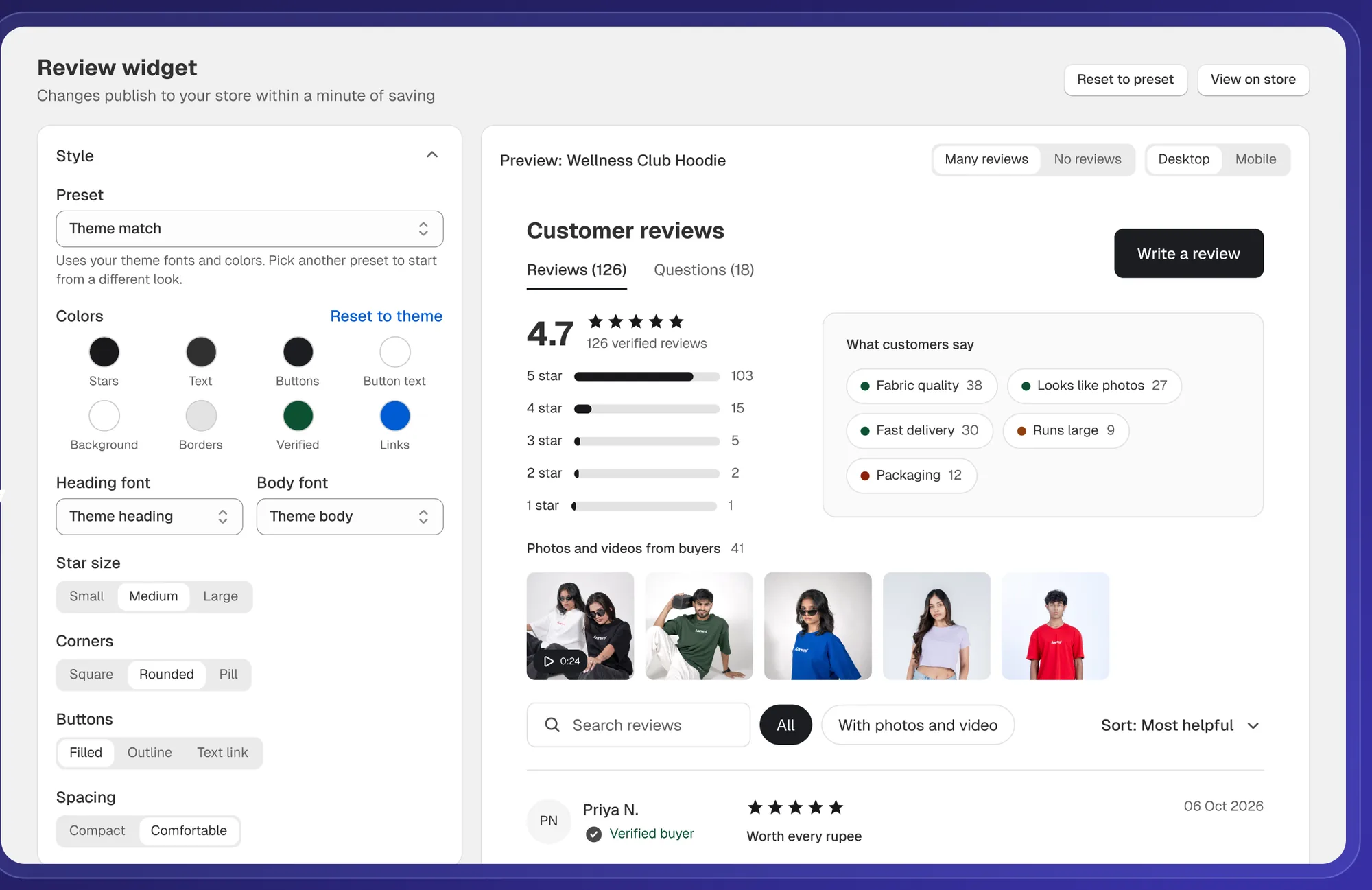 Vouch widget editor with style settings next to a live preview of the review block