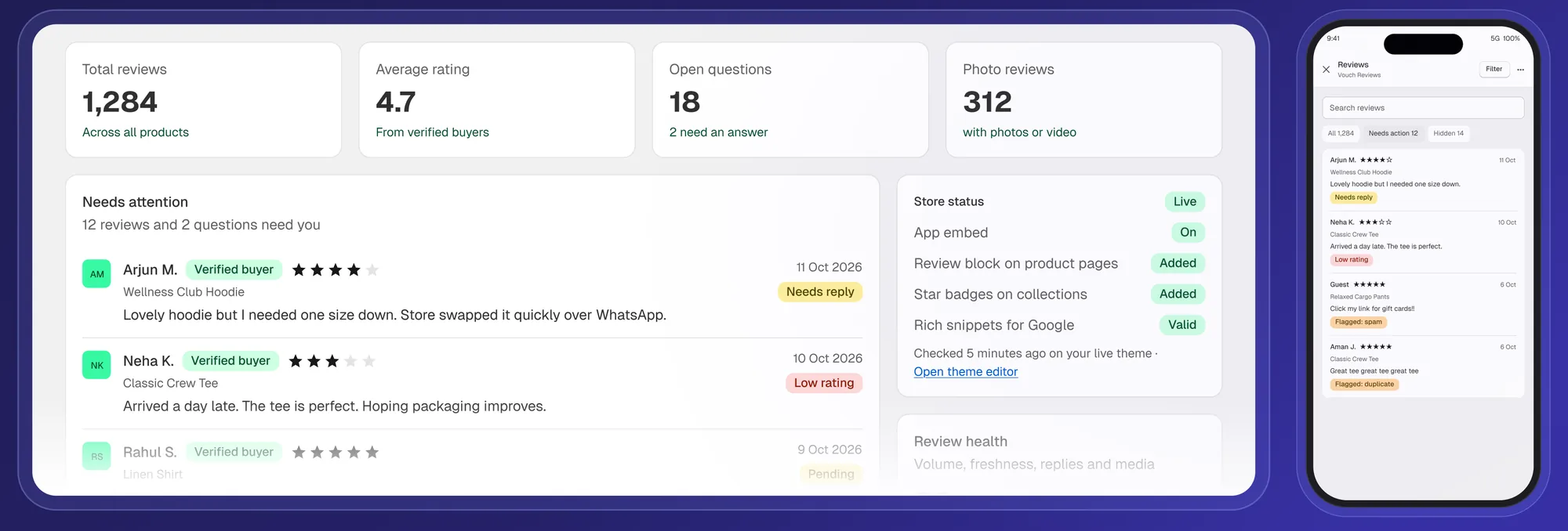 Vouch home with review totals, reviews that need attention and store status