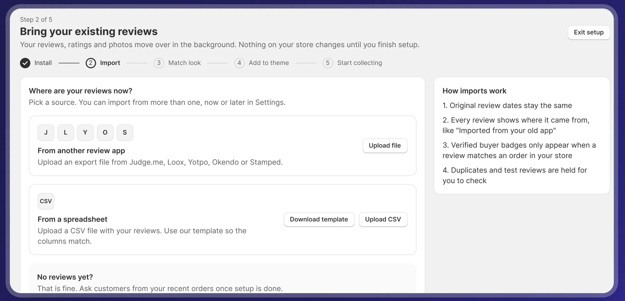 Vouch setup step for importing existing reviews from another app or a CSV file