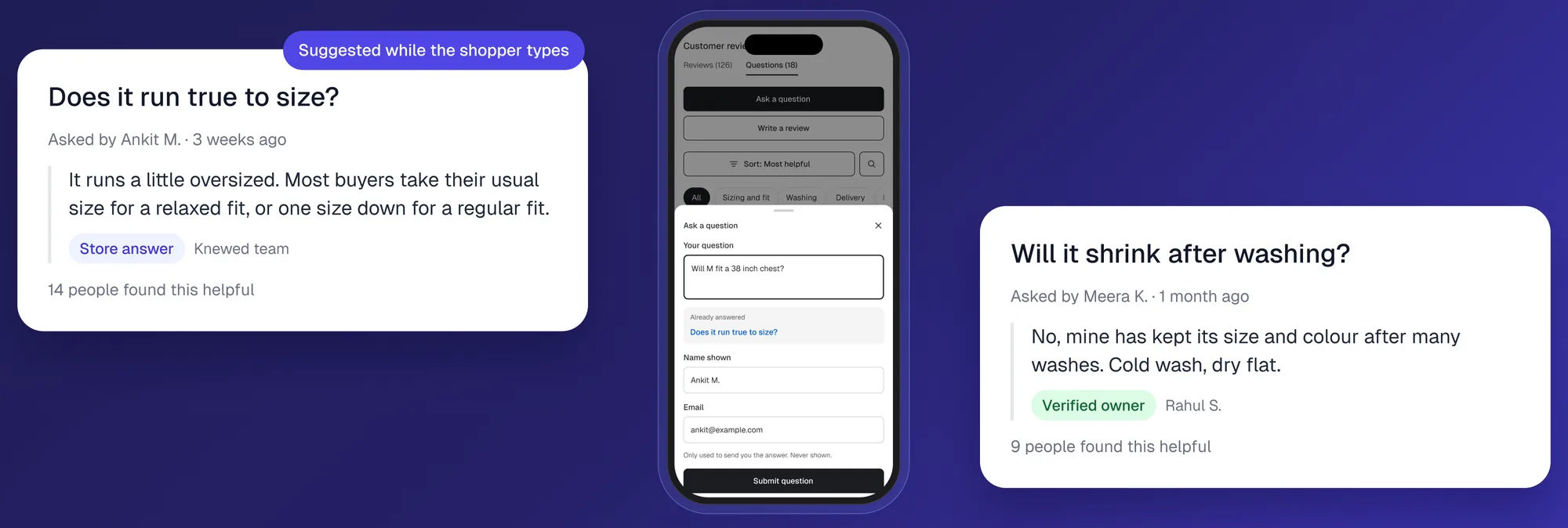 Answered questions about fit and washing beside the mobile ask a question form