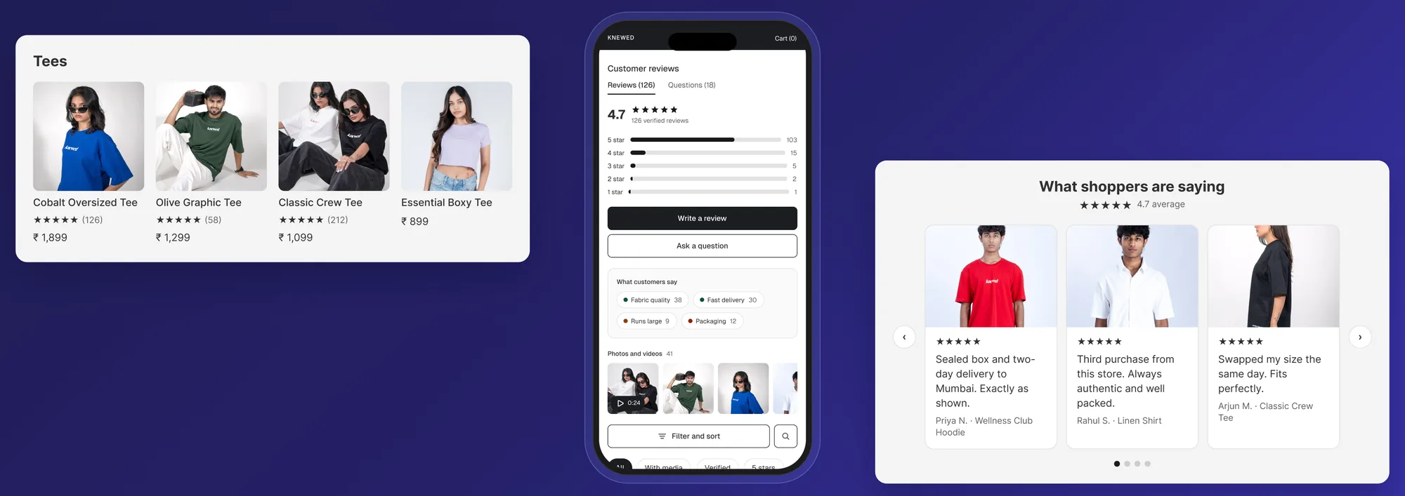 Star badges on a collection, the review block on a phone, and a reviews carousel for the home page